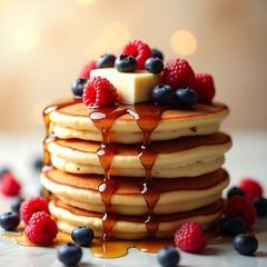 A stack of golden pancakes drizzled with honey