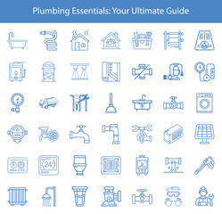 Plumbing Service Icon Collection Bathtub, Hose, Toolbox, Water Heater, Valve, and Many More