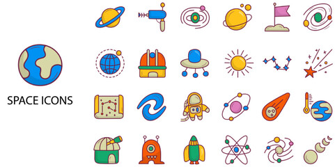 Space simple concept 24 hand drawn color icons set .Vector illustration.