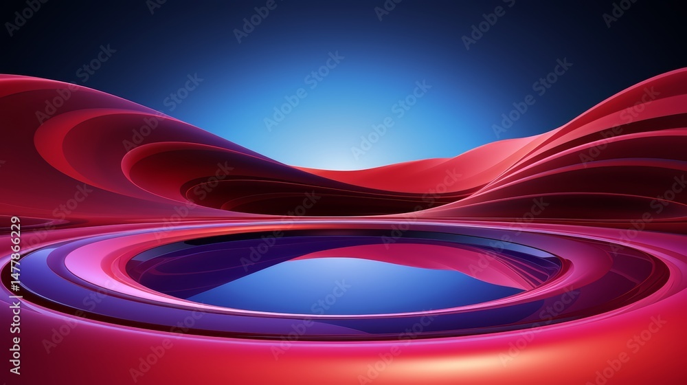 Poster blue sky with a red hill in the background. the hill is curved and has a circular shape