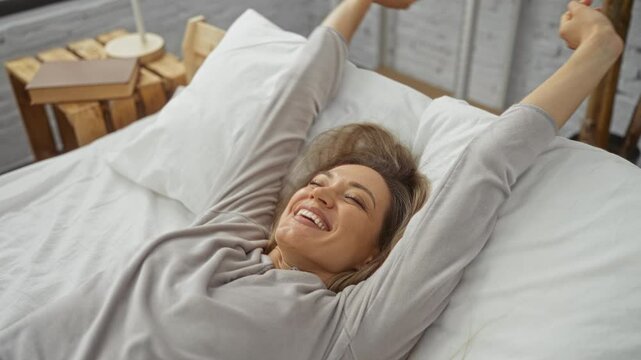 Woman relaxing blissfully on white bed in cozy bedroom enjoying peaceful morning indoors with comforting natural light surrounding the serene space.