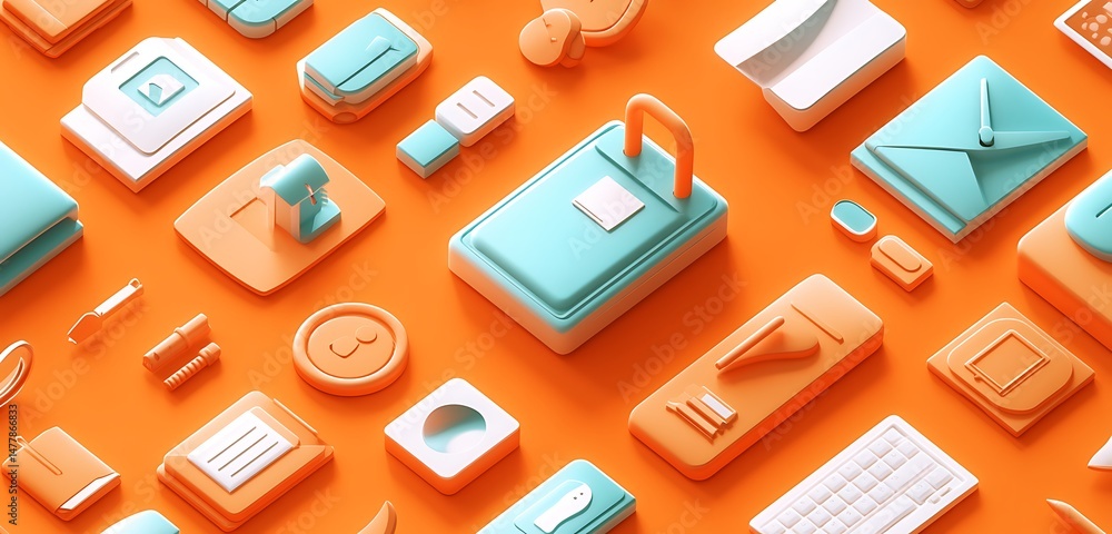 Poster high-resolution 3d vector icons for security and privacy on a solid orange background
