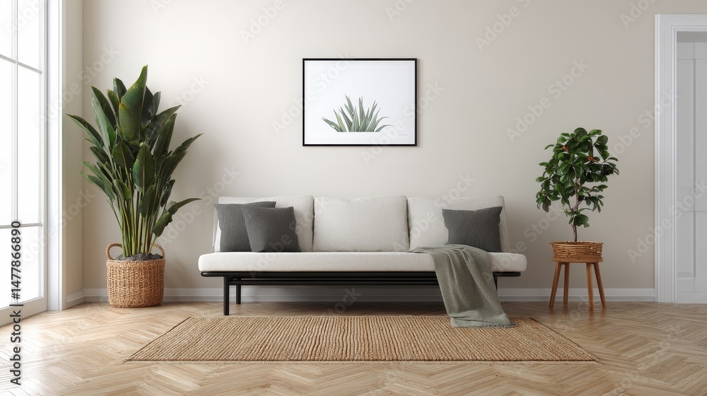 Poster A sleek black picture frame displays a botanical print, adding elegance to a modern minimalist interior featuring soft beige walls and calming decor elements