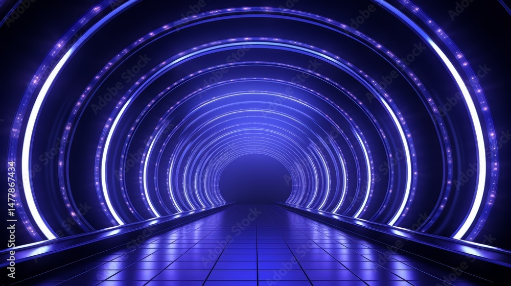 Poster blue tunnel with lights shining on it. the tunnel is long and narrow. the lights are bright and colo