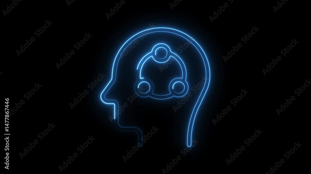 Poster animated neon outline of human head with network node inside on black background