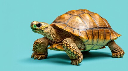Realistic Turtle on Turquoise Background with Textured Shell