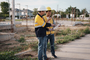 A team of engineers wearing hard hats inspect construction and inspect the site to ensure quality...
