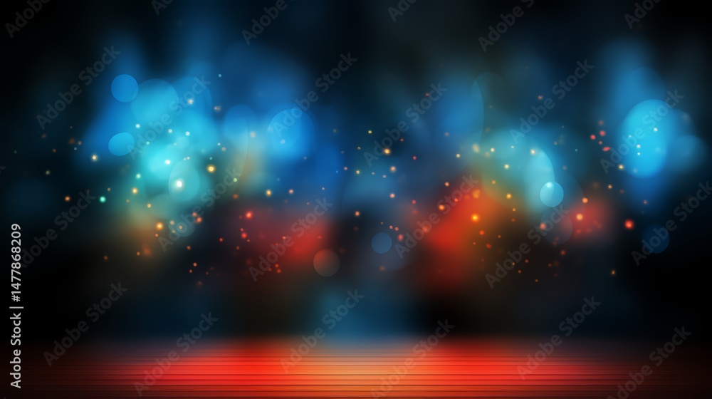 Aufkleber Blurry image of a stage with red and blue lights and a red floor. The scene is likely a performance or a concert, with the lights and floor adding to the atmosphere