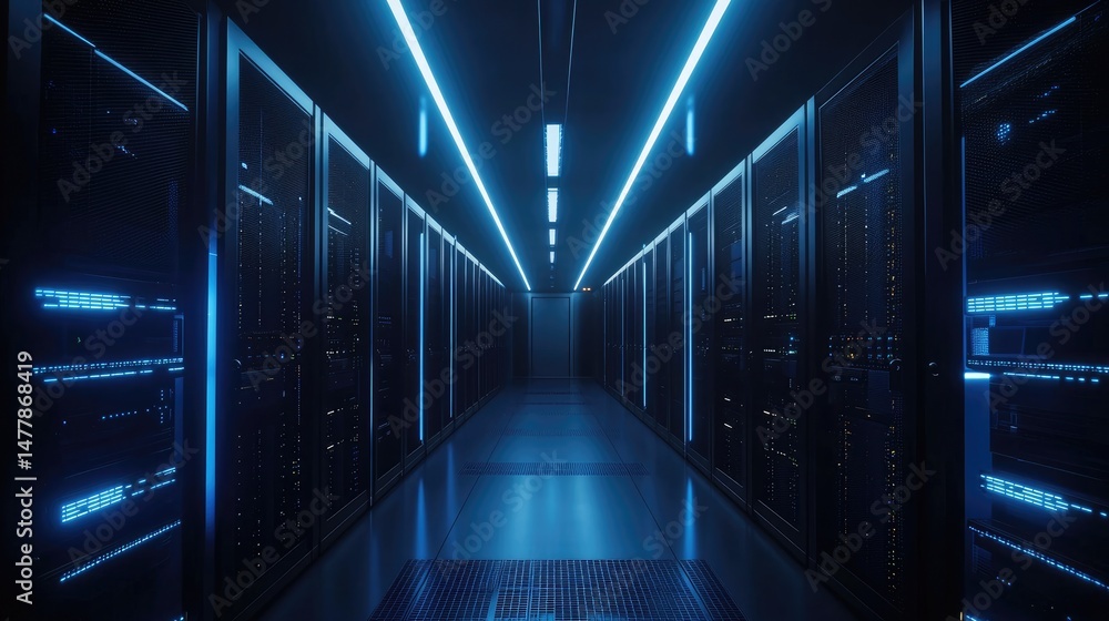 Poster futuristic data center with glowing blue linear ceiling lights and mirrored reflections along rows o