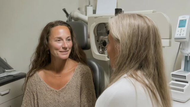 Adult female patient having her eyesight tested using ophthalmic equipment by a female eye care professional in an office.