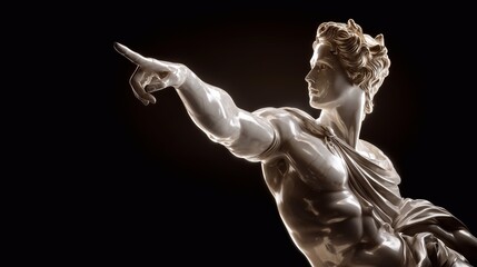 Elegant marble statue of a male figure with muscular body pointing forward. Classic sculpture with dramatic lighting on black background. Ancient art, strength, beauty and motion.