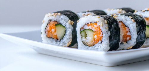 Tightly Rolled Sushi with Sea Nori Wrapper Vibrant Orange Fish Roe Sliced Avocado and Textured Rice Grains on a Sleek Ceramic Plate Captured in High Resolution 4k Food Photography

