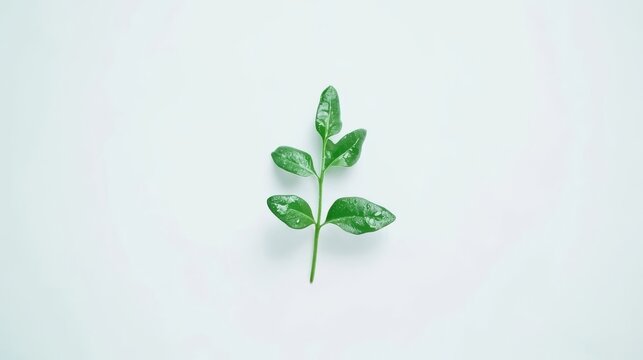 A single fresh green plant sprig adorned with glistening water droplets rests peacefully against a bright clean pure white background.