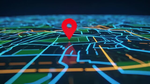 Glowing Red Location Pin on High-Tech Navigation Map in Motion