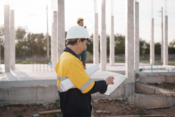 A team of engineers wearing hard hats inspect construction and inspect the site to ensure quality...