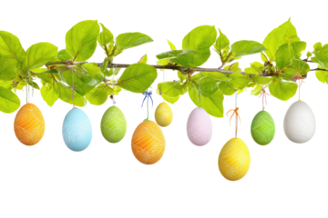Easter Eggs Hanging From Branch With Green  isolated on a transparent background