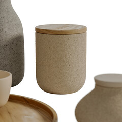 A white ceramic vase with a brown lid sits on a table