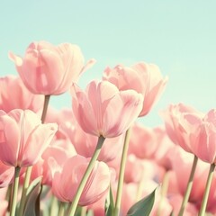 Fototapeta premium Soft pink tulip blooms stand tall in a vibrant spring flower garden against a clear sky on a beautiful bright sunny day.