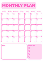Monthly Planner Pink Template with calendar, to do list and notes