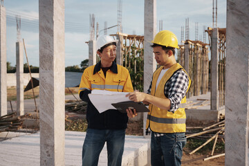 A team of engineers wearing hard hats inspect construction and inspect the site to ensure quality...
