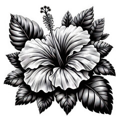 Ornate Black and White Hibiscus Floral Illustration