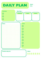 Daily Planner Green Template with calendar, to do list, water tracker, grateful, meal prep and notes