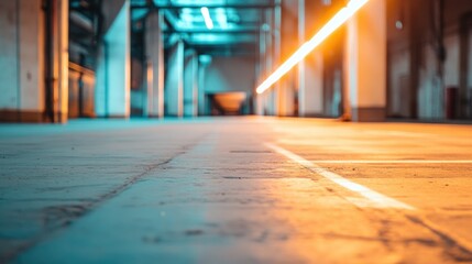 Industrial building interior floor ground level perspective supporting columns
