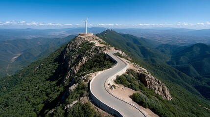 Fototapeta premium Drone-captured shot of a remote mountain ridge lined with wind towers, with eco breeze patterns visible over valleys and high-voltage lines transmitting green power to off-grid mountain villages