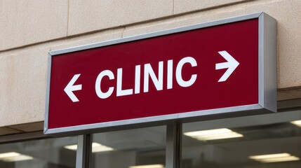 Obraz premium Clear and organized directional sign featuring the word clinic and an arrow, providing guidance in a neutral urban environment, enhancing visibility for visitors
