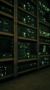 Rows of servers are situated in a dark data center, with bright green status lights flickering. The atmosphere suggests activity and technology in use during nighttime hours.