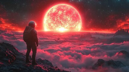 Obraz premium Astronaut gazes at a fiery cosmic dawn on a desolate planet, standing at the edge of the horizon of red clouds and strange terrain.