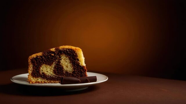 Marble cake slice with chocolate twist on a plate, indulgent mood, dark background, copy space