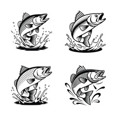 Jumping Bass Fish Black and White Vector Illustration