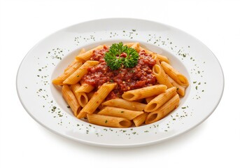 Penne Arrabbiata pasta with spicy tomato sauce isolated on white background for Italian restaurant menus or cookbook content