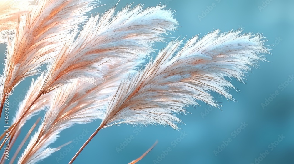 Poster bunch of white grass with a blue sky in the background. the grass is blowing in the wind, creating a