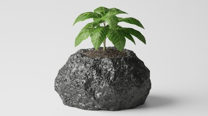 A vibrant green plant with detailed leaves thrives in a uniquely shaped dark rock planter against a bright white backdrop.