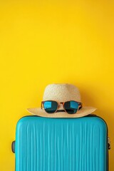 Summer Travel Suitcase with Hat, and Sunglasses.