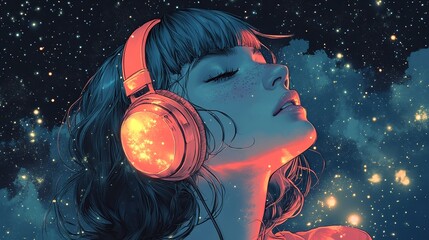 A woman with headphones gazes upward, lost in music under a star-filled sky, evoking peace and serenity. A world of cosmic sounds.