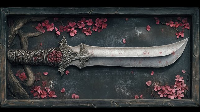 Ornamental Dagger Displayed with Cherry Blossoms Close Up Still Life Artistic Presentation