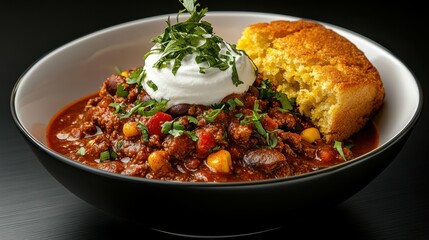 A hearty bowl of chili served with fresh cornbread on the side