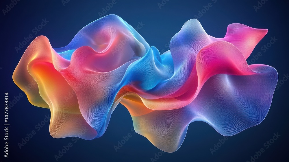 Poster rendering of colorful abstract fluid shapes.lines background with dark blue colors.