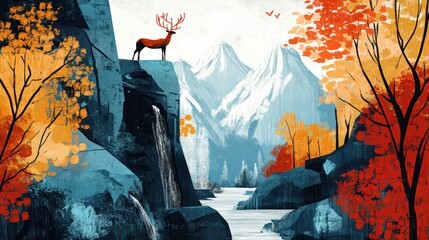Autumnal Mountain Landscape with Deer