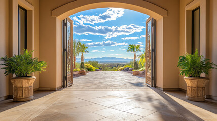 Luxurious House Entrance with Serene Outdoor Landscape and Soft Natural Light, Elegant and Peaceful Atmosphere
