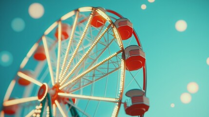 Fototapeta premium A vintage classic ferris wheel ride is beautifully illuminated by many warm glowing lights against a vibrant blue sky creating bokeh effects.