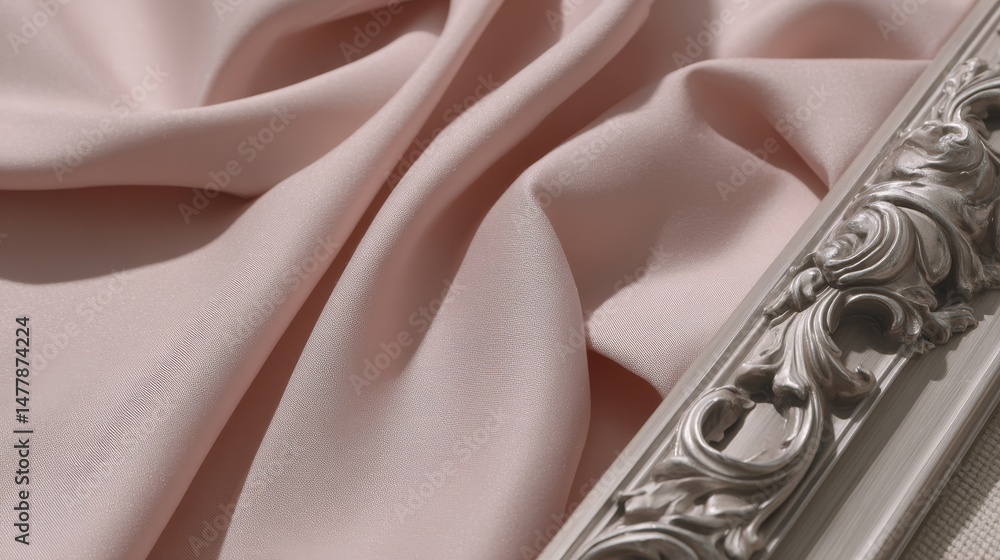 Poster a vintage silver frame mockup sits on a soft beige surface, highlighted by gentle drapes and shadows