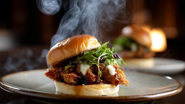 Close up of a steaming chicken sandwich on a plate. The sandwich has a light brown bun, crispy chicken, greens, and a creamy sauce. A second sandwich is blurred in the background.