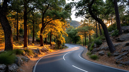 Fototapeta premium Golden road winds through lush forest