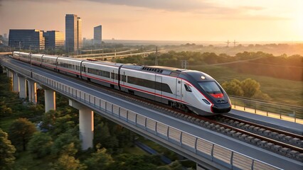 High-Speed Train on Elevated Tracks with Cityscape at Sunset