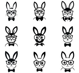 Black and White Bunny Illustration with Glasses and Bowtie - Cute Minimalist Rabbit Design
