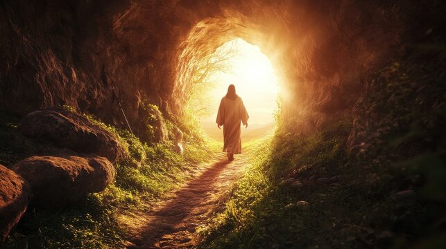 Jesus Christ risen emerging from tomb into heavenly light easter
